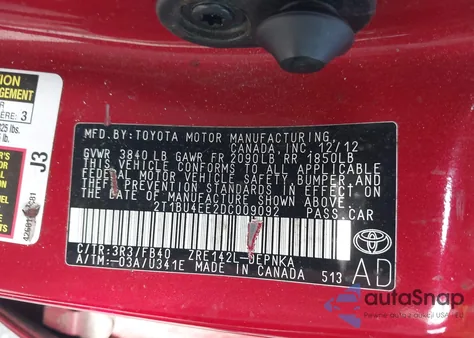 2013 Toyota Corolla Le from USA, damaged, VIN 2T1BU4EE2DC009092